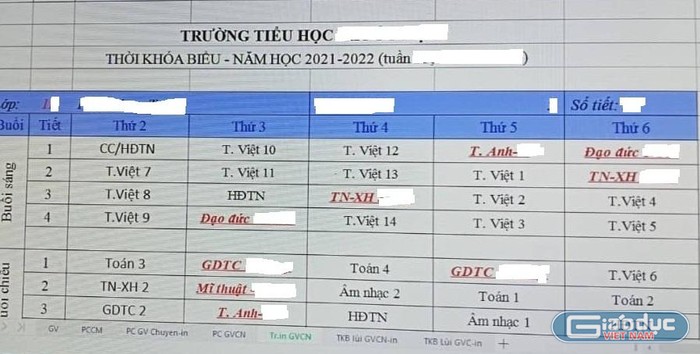 Thời khóa biểu lớp 1 chương trình mới, buổi 2 chủ yếu học tăng cường tiếng Việt và Toán (ảnh tác giả)