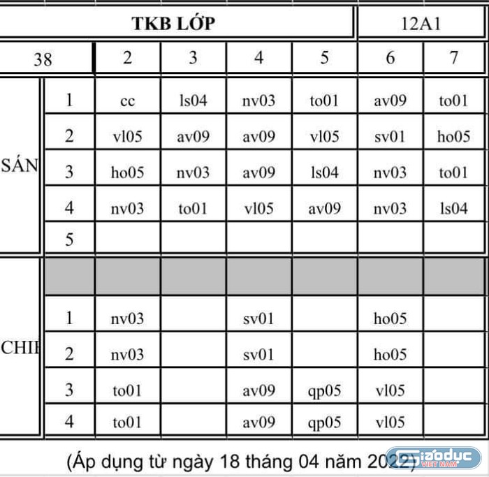 Thời khóa biểu học buổi 2 ở một trường trung học phổ thông (Ảnh tác giả)