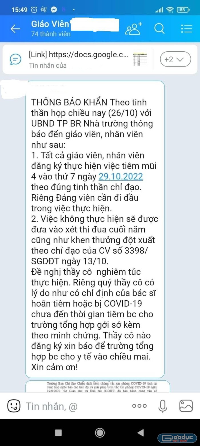 Không tiêm vaccine giáo viên Vũng Tàu sẽ bị cắt thi đua (giáo viên cung cấp)