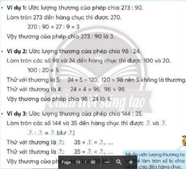 Hướng dẫn học sinh chia bằng cách ước lượng khá ngắn gọn (ảnh chụp sách lớp 4)