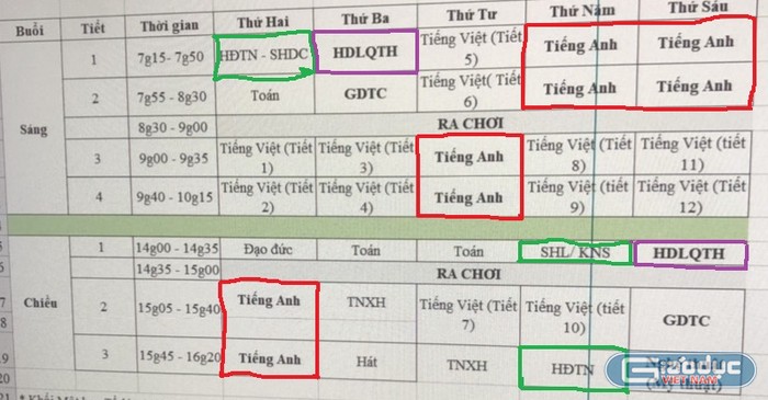 Môn học tăng cường xếp đan xen với những môn học bắt buộc (Ảnh phụ huynh cung cấp)