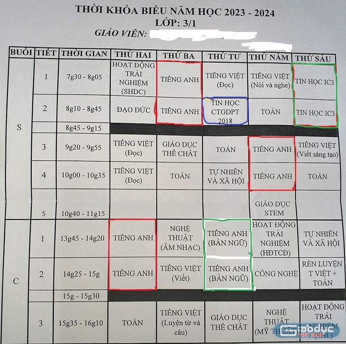 Với thời khóa biểu này, mỗi tháng phụ huynh phải bỏ thêm 1.500.000đồng cho một số môn tăng cường (Ảnh phụ huynh cung cấp)