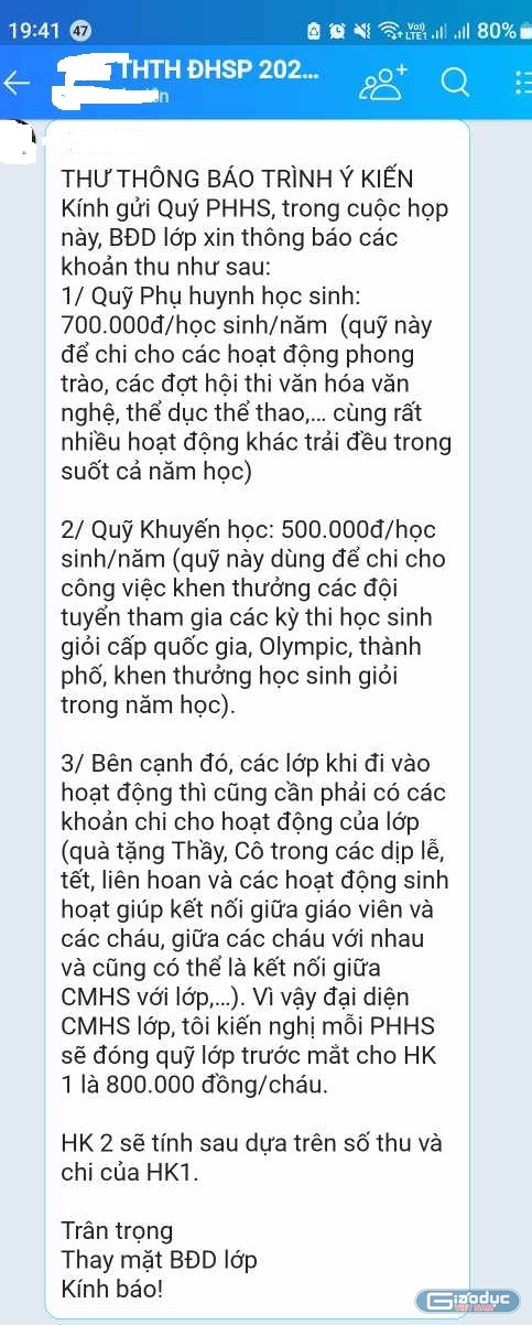 Tin nhắn của Ban đại diện cha mẹ học sinh lớp (Ảnh phụ huynh cung cấp)