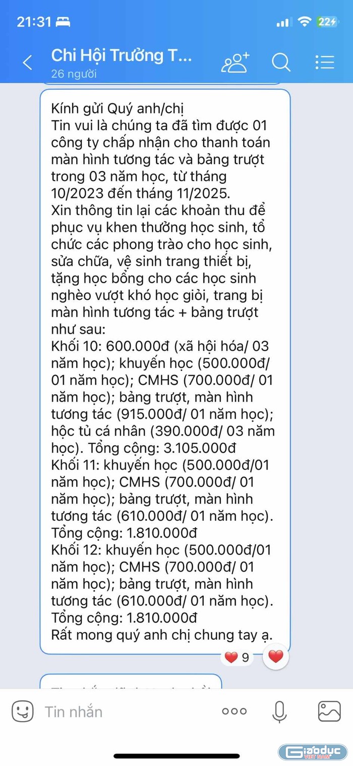 Tin nhắn của Chi hội trưởng Ban đại diện cha mẹ học sinh nhà trường (Ảnh phụ huynh cung cấp)