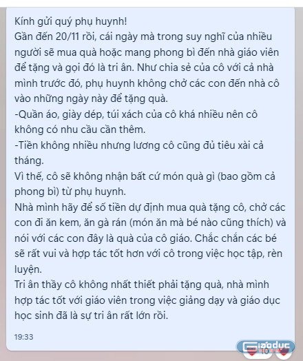 Một tin nhắn không nhận quà tặng của một giáo viên gửi cho phụ huynh (Ảnh P.T)