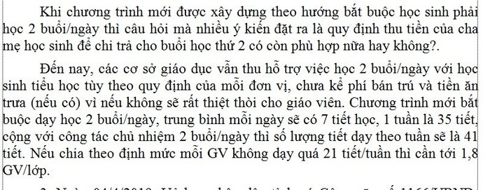 Báo cáo của Sở Giáo dục tỉnh Bình Thuận về định mức giáo viên giảng dạy trong trường tiểu học, học 2 buổi/ngày gửi Hội đồng nhân dân tỉnh (Ảnh chụp của P.T)