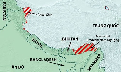 Lược đồ các khu vực tranh chấp giữa Ấn Độ và Trung Quốc