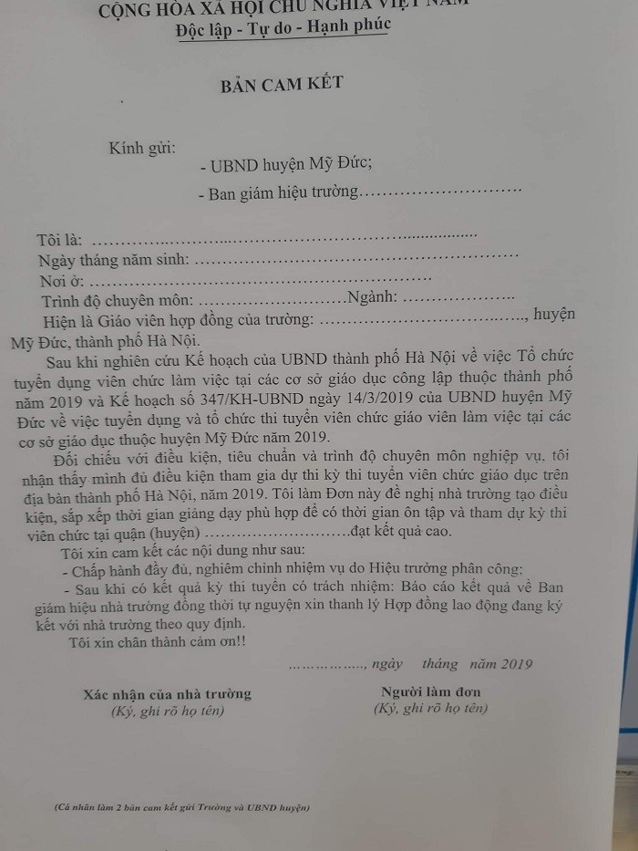 Nội dung bản cam kết do phòng Nội vụ huyện Mỹ Đức soạn thảo và gửi cho các trường (Ảnh: Vũ Ninh)