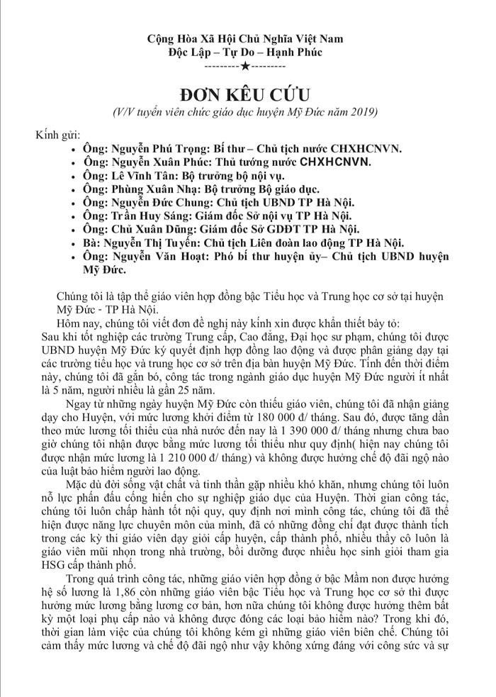 Lá đơn kêu cứu của giáo viên hợp đồng huyện Mỹ Đức (Ảnh: Vũ Ninh)
