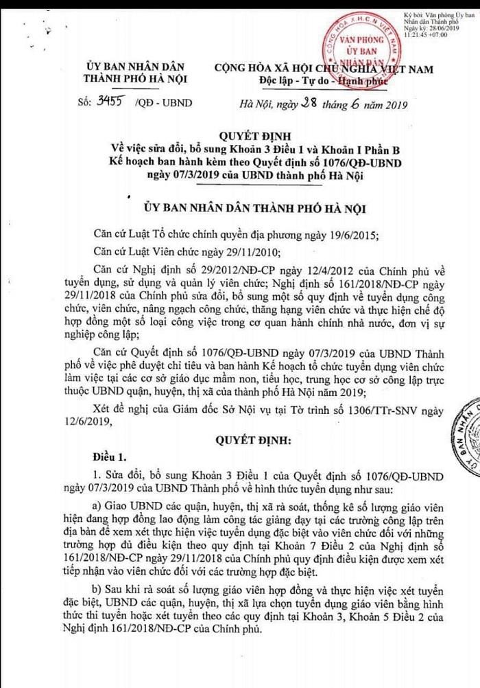 Công văn chỉ đạo của Uỷ ban Nhân dân thành phố Hà Nội giải quyết vấn đề hợp đồng của hơn 2000 giáo viên (Ảnh:V.N)