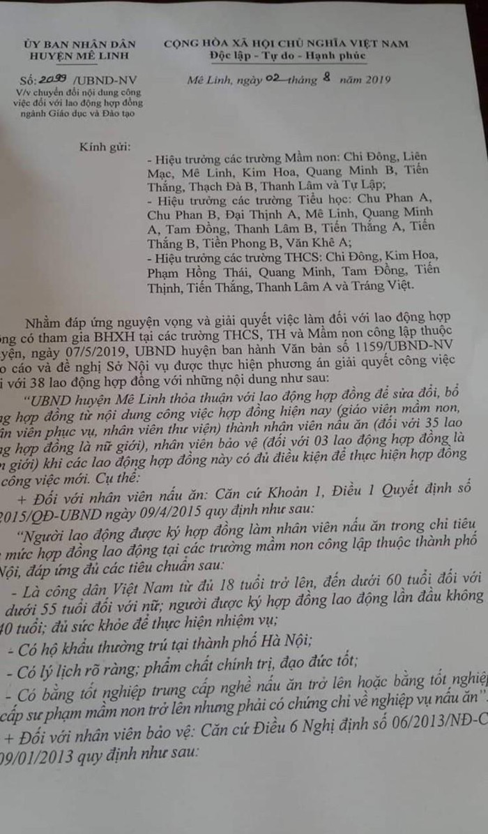 Giáo viên mầm non tại huyện Mê Linh được chuyển hợp đồng sang công việc khác (Ảnh:V.N)