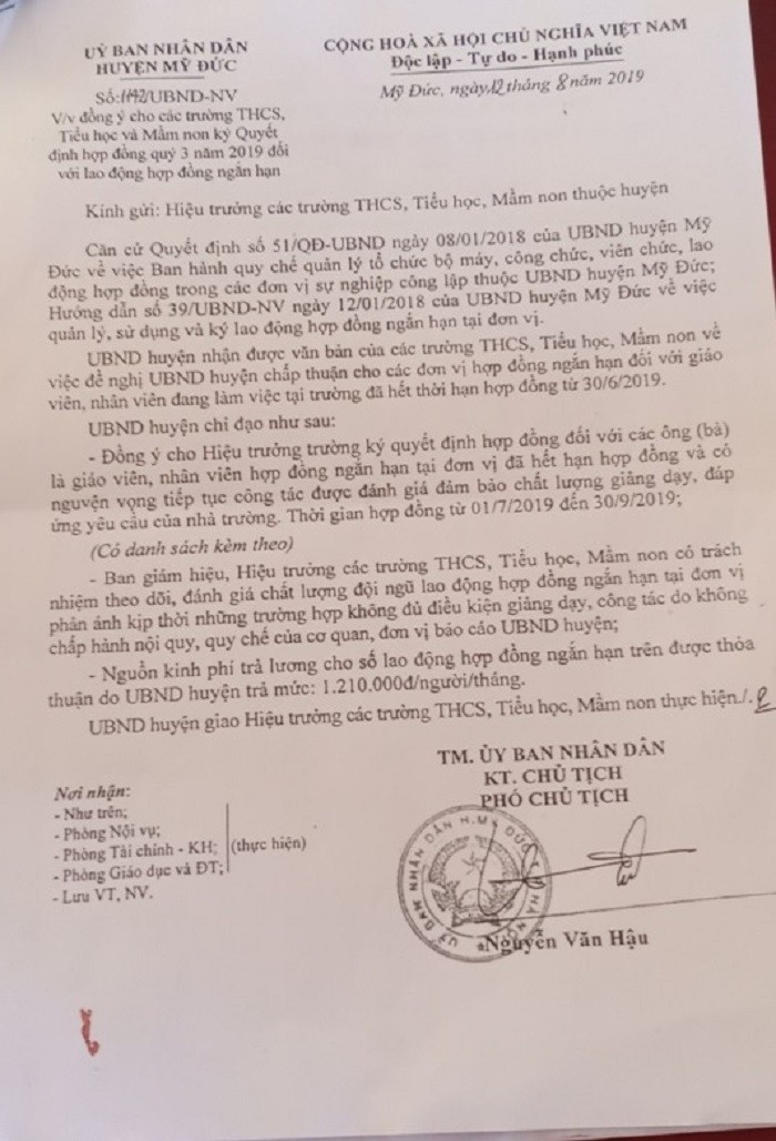 Công văn của Ủy ban Nhân dân huyện Mỹ Đức gửi cho các trường trên địa bàn huyện (Ảnh:V.N)