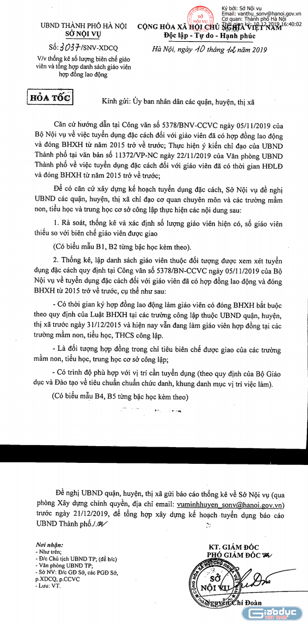 Công văn của Sở Nội vụ Hà Nội nói rõ điều kiện xét đặc cách cho giáo viên hợp đồng (Ảnh:V.N)