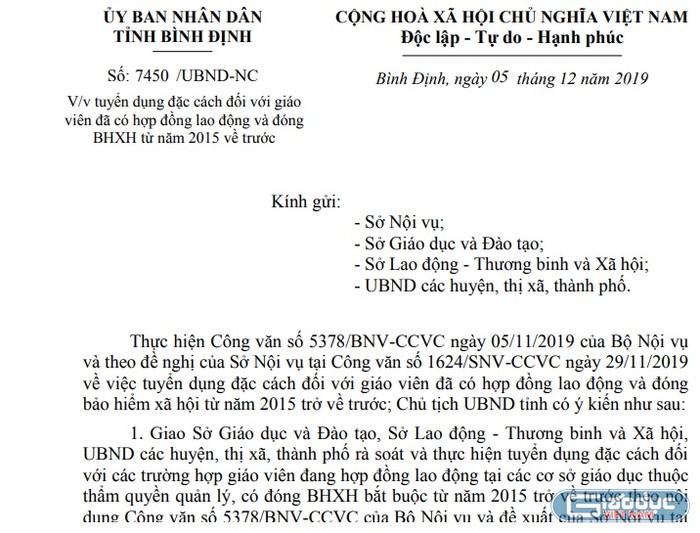 Ủy ban Nhân dân tỉnh Bình Định đã có công văn chỉ đạo xét đặc cách cho giáo viên hợp đồng đủ điều kiện (Ảnh:V.N)