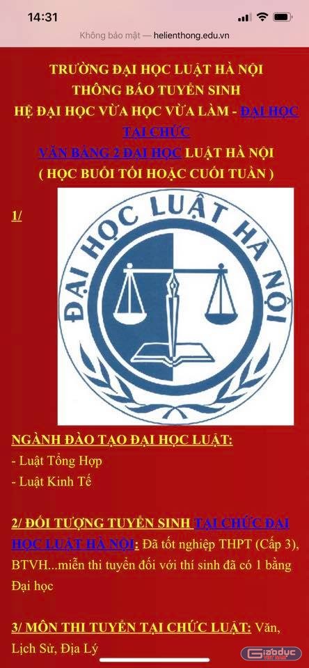 Trung tâm đăng tải quảng cáo giả mạo Đại học Luật Hà Nội để tuyển sinh (Ảnh:V.N)