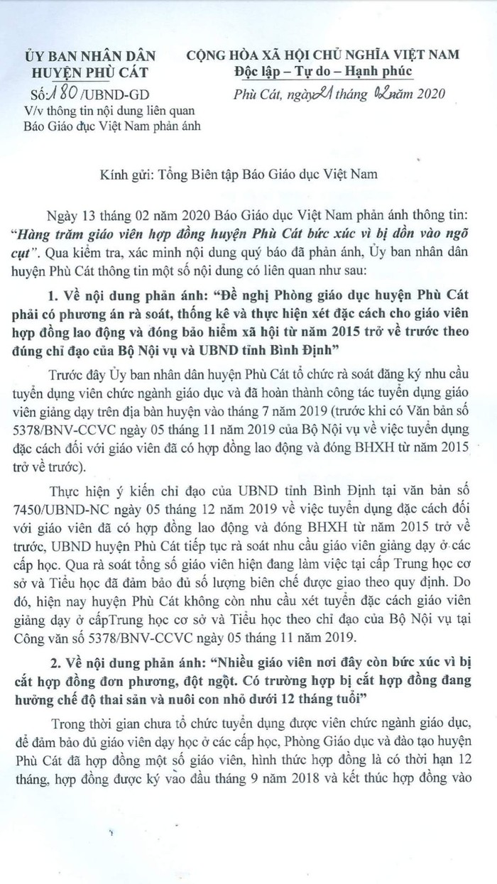 Giáo viên không đồng tình với trả lời của Ủy ban Nhân dân huyện Phù Cát (Ảnh:V.N)