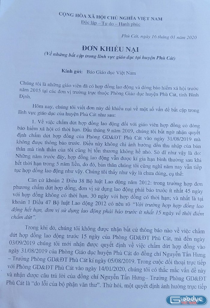 Đơn khiếu nại do giáo viên hợp đồng huyện Phù Cát gửi tới Báo điện tử Giáo dục Việt Nam (Ảnh:V.N)