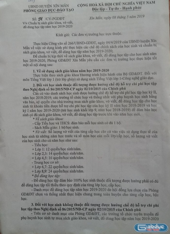 Công văn của Phòng giáo dục huyện Xín Mần gửi các trường đầu năm học (Ảnh:V.N)
