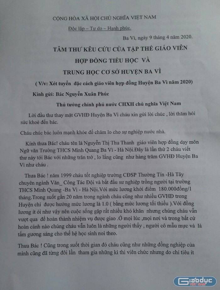 Giáo viên hợp đồng huyện Ba Vì gửi tâm thư đến Thủ tướng Chính phủ Nguyễn Xuân Phúc (Ảnh:V.N)