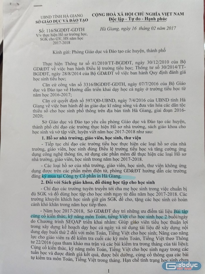 Công văn số 116/SGDĐT-GDTH của Sở giáo dục và đào tạo tỉnh Hà Giang (Ảnh:V.N)
