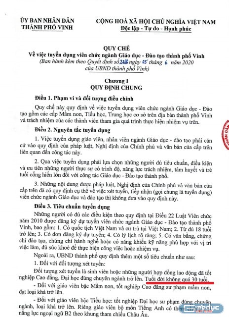 Tiêu chuẩn tuyển dụng giáo viên không quá 30 tuổi (Ảnh:CTV)