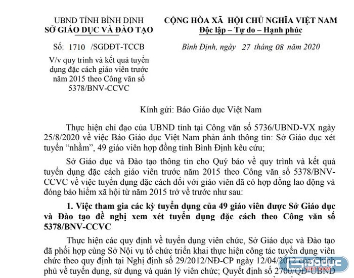 Công văn trả lời Tạp chí điện tử Giáo dục Việt Nam của Sở Giáo dục và Đào tạo tỉnh Bình Định (Ảnh:V.N)