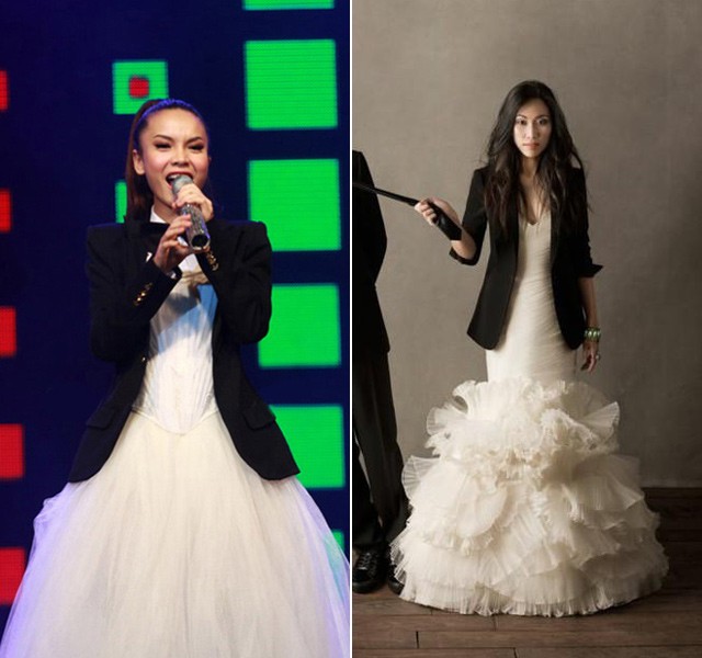 So sánh 2 kiểu mix áo cưới với vest, nhiều người có thể thấy bộ đồ của Yến Trang trông hơi bí và cứng.