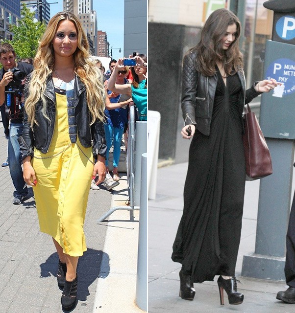 Jacket da mạnh mẽ được rất nhiều sao mix cùng váy tha thướt, Demi Lovato cũng thử kiểu mix đó nhưng lại chọn phải chiếc váy nửa quê nửa tỉnh.