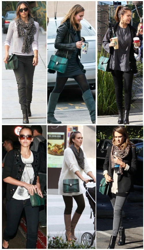 Jessica Alba cũng rất yêu thích dòng túi này, tuy nhiên cô chọn cho mình chiếc túi màu xanh - đen.