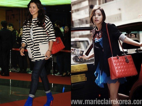 Hoa hậu Hàn Quốc Honey Lee và Min Hyo Rin đều sở hữu túi Lady Dior màu đỏ nhưng khác nhau về kích cỡ.