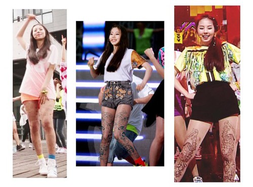 So Hee (Wonder Girls) thông minh khi sử dụng những đôi tất in họa tiết để đánh lạc hướng chú ý của người hâm mộ vào đôi chân mập mạp.