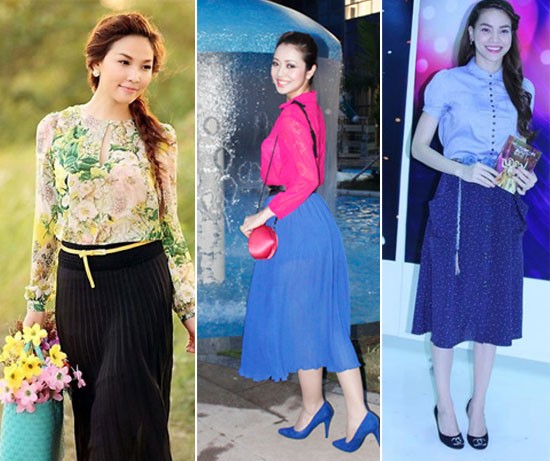 Từ trái sang phải: Người mẫu Quỳnh Thư, Hoa hậu Jennifer Phạm và ca sĩ Hồ Ngọc Hà dịu dàng, duyên dáng khi kết hợp chân váy với áo sơ mi.
