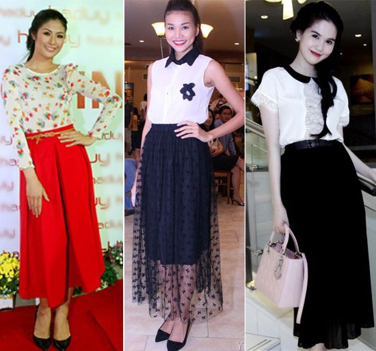 Từ trái sang phải: Hoa hậu Ngọc Hân, siêu mẫu Thanh Hằng và 'nữ hoàng nội y' Ngọc Trinh xinh đẹp trong những chiếc váy midi.