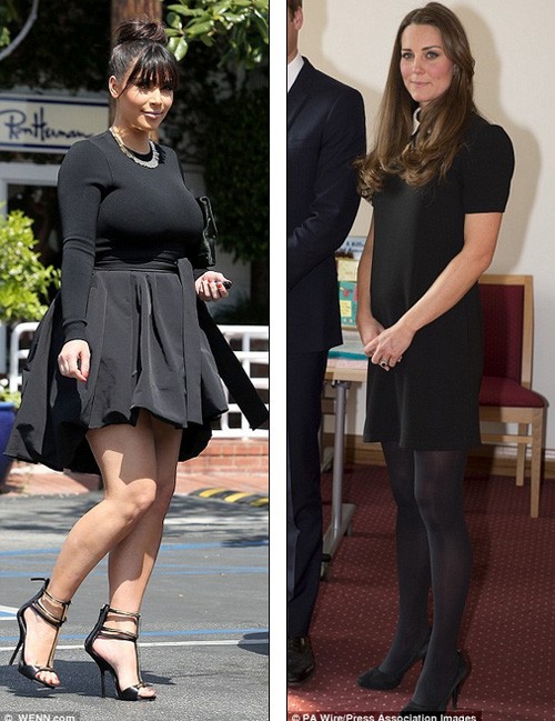 Có thể thấy vóc dáng Kim khi mang bầu ngày càng to đẫy đà trong khi Kate Middleton vẫn rất mảnh mai.