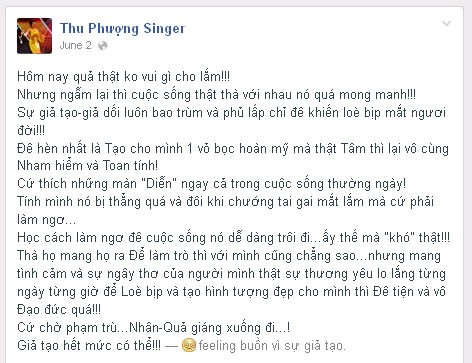 Dòng trạng thái chê Thành Trung sống giả tạo của Thu Phượng