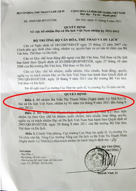 sơ suất về thông tin trên văn bản quyết định bổ nhiệm bà Trần Thị Thanh Nhàn (nghệ danh Lý Nhã Kỳ) là Đại sứ Du lịch Việt Nam thiếu ngày, tháng,năm sinh, nơi sinh, địa chỉ thường trú, công việc hiện tại.