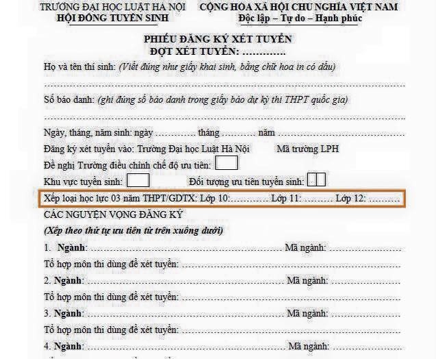 Phiếu đăng ký xét tuyển riêng của Đại học Luật Hà Nội