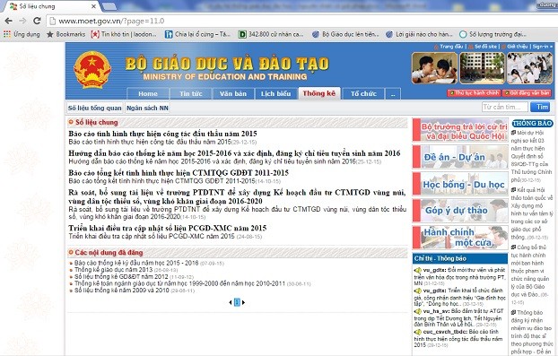 Ảnh chụp màn hình mục Thống kê trên trang web Bộ GD&amp;ĐT ngày 12/1/2016