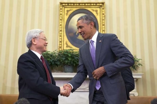 Tổng thống Barack Obama tiếp Tổng Bí thư Nguyễn Phú Trọng thăm chính thức Hoa Kỳ (tháng 7/2015).