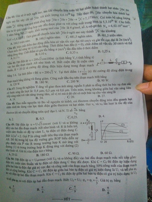 Đề thi môn Vật lý, mã đề 381