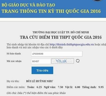 Kết quả điểm thi môn tiếng Anh của Bùi Lê Huỳnh Như tra cứu lúc 21h00 ngày 19/7 (Ảnh: news.zing.vn)