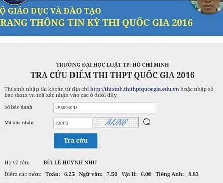 Kết quả điểm thi môn tiếng Anh của Bùi Lê Huỳnh Như tra cứu trưa 20/7 (Ảnh: news.zing.vn)