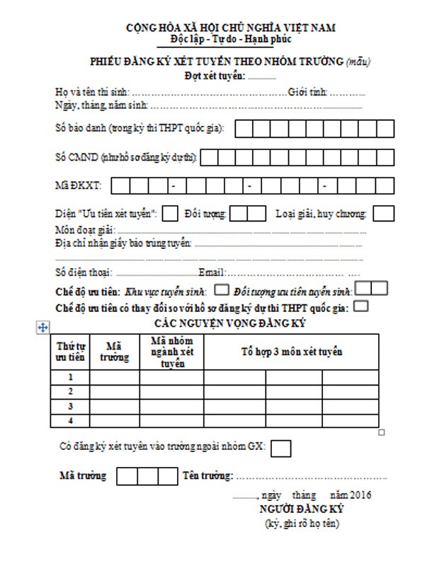 Phiếu đăng ký xét tuyển của nhóm trường