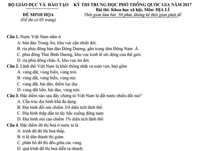 Đề thi minh họa môn Địa lý gồm 40 câu trắc nghiệm với thời gian làm bài 50 phút. (Ảnh chụp màn hình)