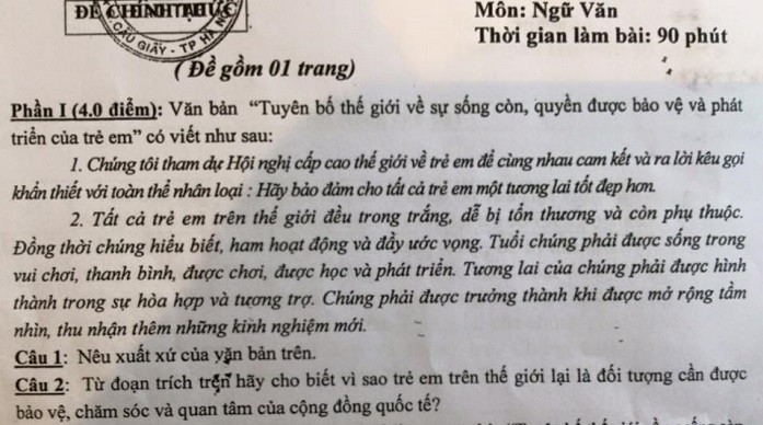 Phần câu hỏi của đề kiểm tra học kỳ lớp 9 trên địa bàn quận Cầu Giấy (Hà Nội)