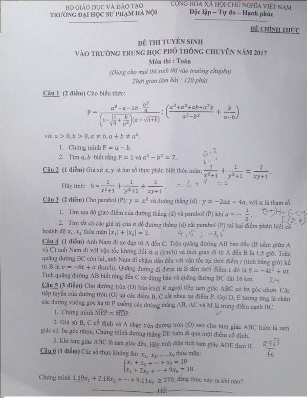 Đề thi vào lớp 10 trường Trung học phổ thông chuyên Đại học Sư phạm Hà Nội
