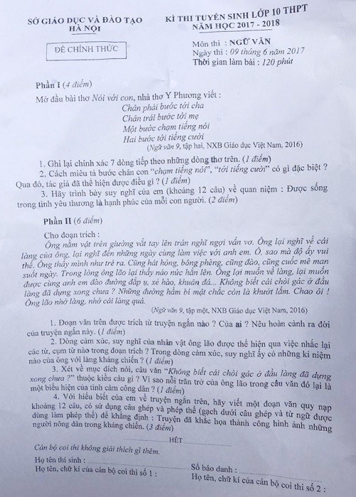Đề thi môn Ngữ văn của Hà Nội với thời gian làm bài trong 120 phút (Ảnh: Thùy Linh)