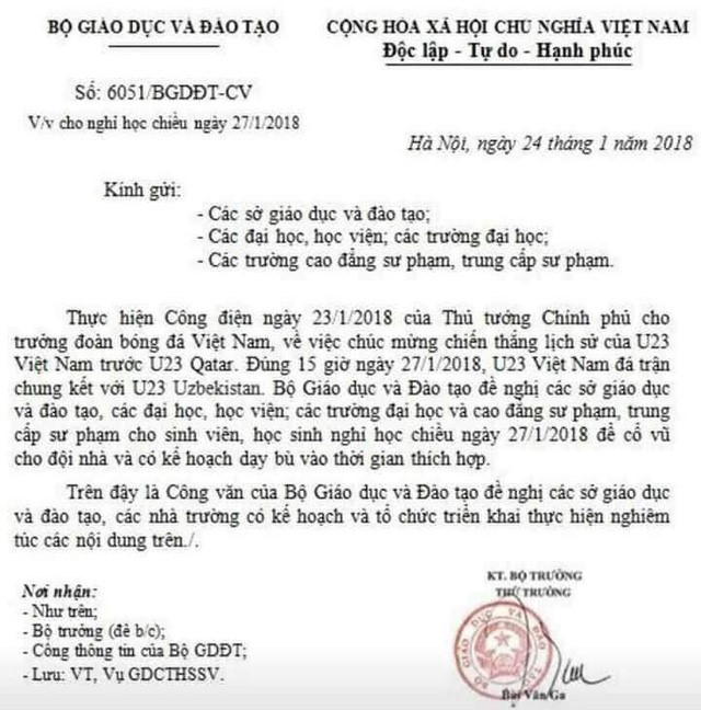 Công văn giả về việc Bộ Giáo dục và Đào tạo cho học sinh cả nước nghỉ học chiều 27/1 để xem Việt Nam đá chung kết giải U23 Châu Á (Ảnh: moet.gov.vn)