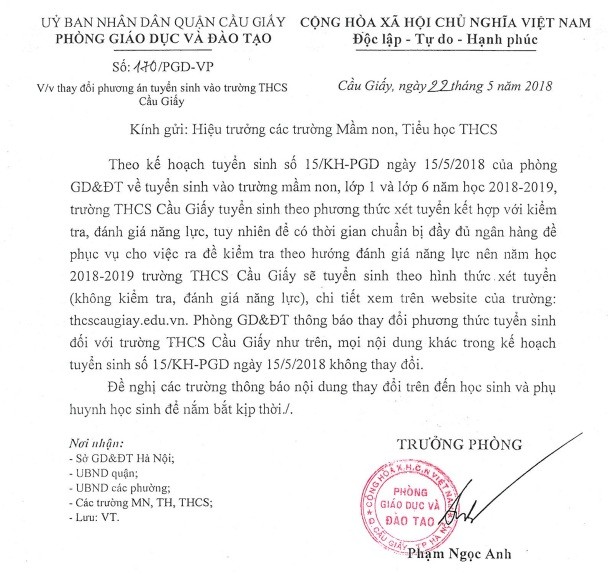 Trường trung học cơ sở Cầu Giấy thay đổi phương án tuyển sinh (Ảnh chụp màn hình)