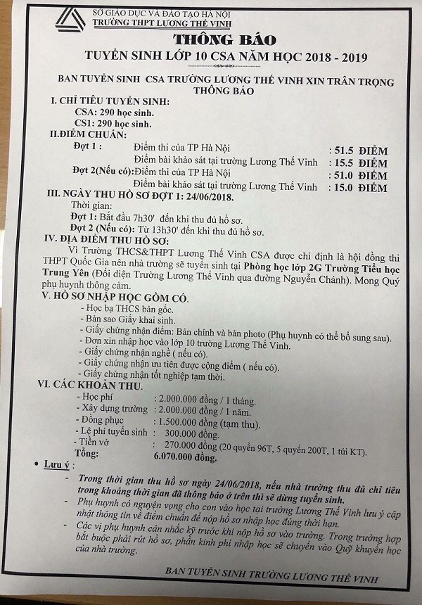 Theo cô Văn Thùy Dương, khi tuyển sinh, Trường Lương Thế Vinh (Hà Nội) đã có thông báo trên website, dán ở cổng trường nêu rõ về mức điểm nộp hồ sơ, những giấy tờ cần nộp cho trường trong đó Nhà trường đã lưu ý rằng phụ huynh cần cân nhắc kĩ trước khi nộp hồ sơ, trường sẽ không trả lại kinh phí nếu phụ huynh rút hồ sơ như một thỏa thuận giữa hai bên.